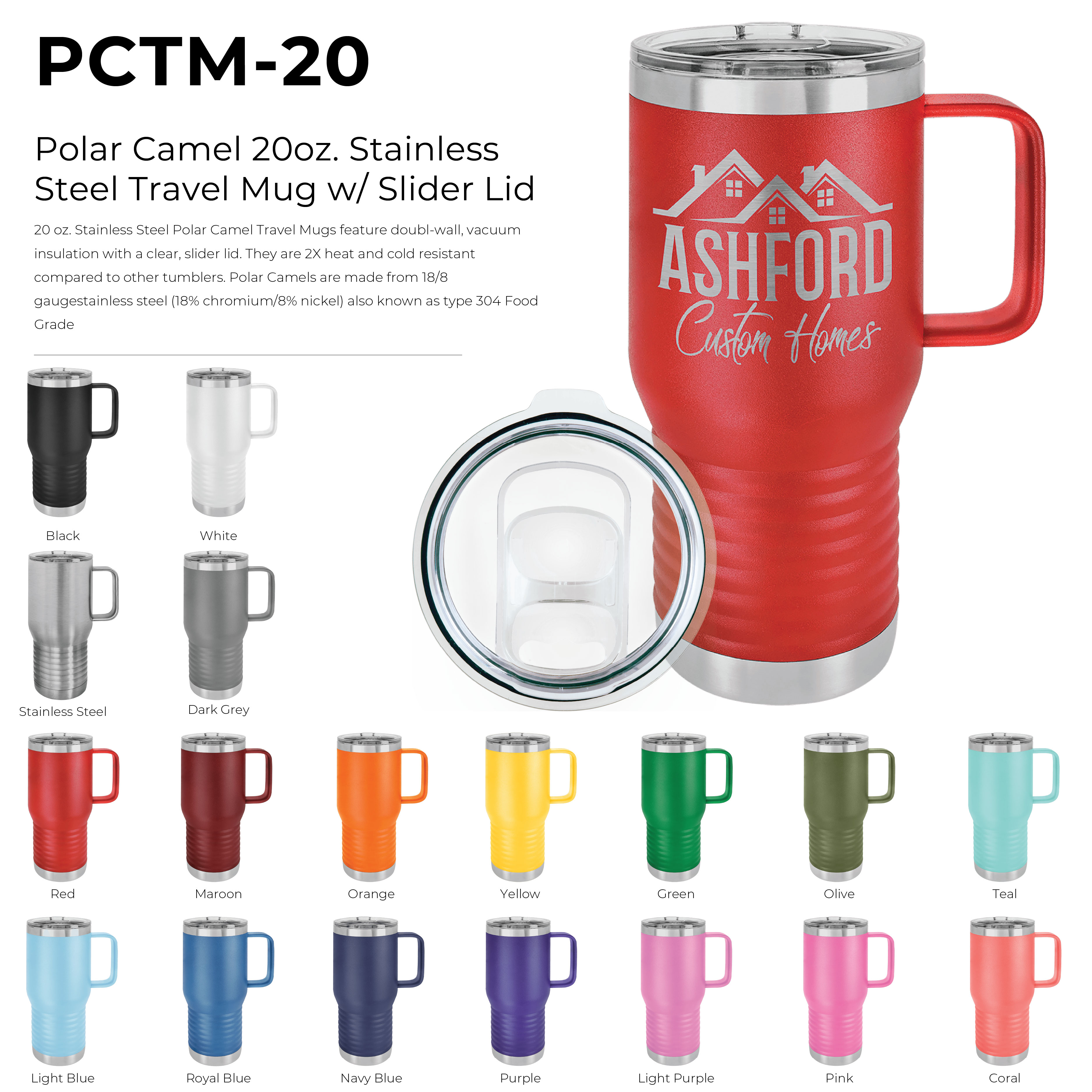 Polar Camel 20oz. Stainless Steel Travel Mug w/ Slider Lid 21