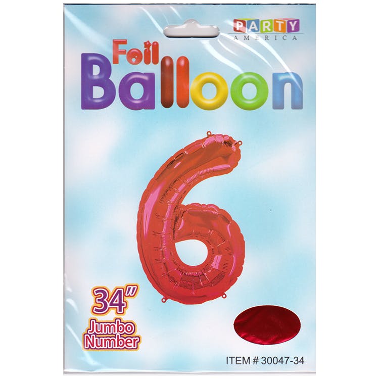 Mylar Number 6 Balloons - Red 34" 2