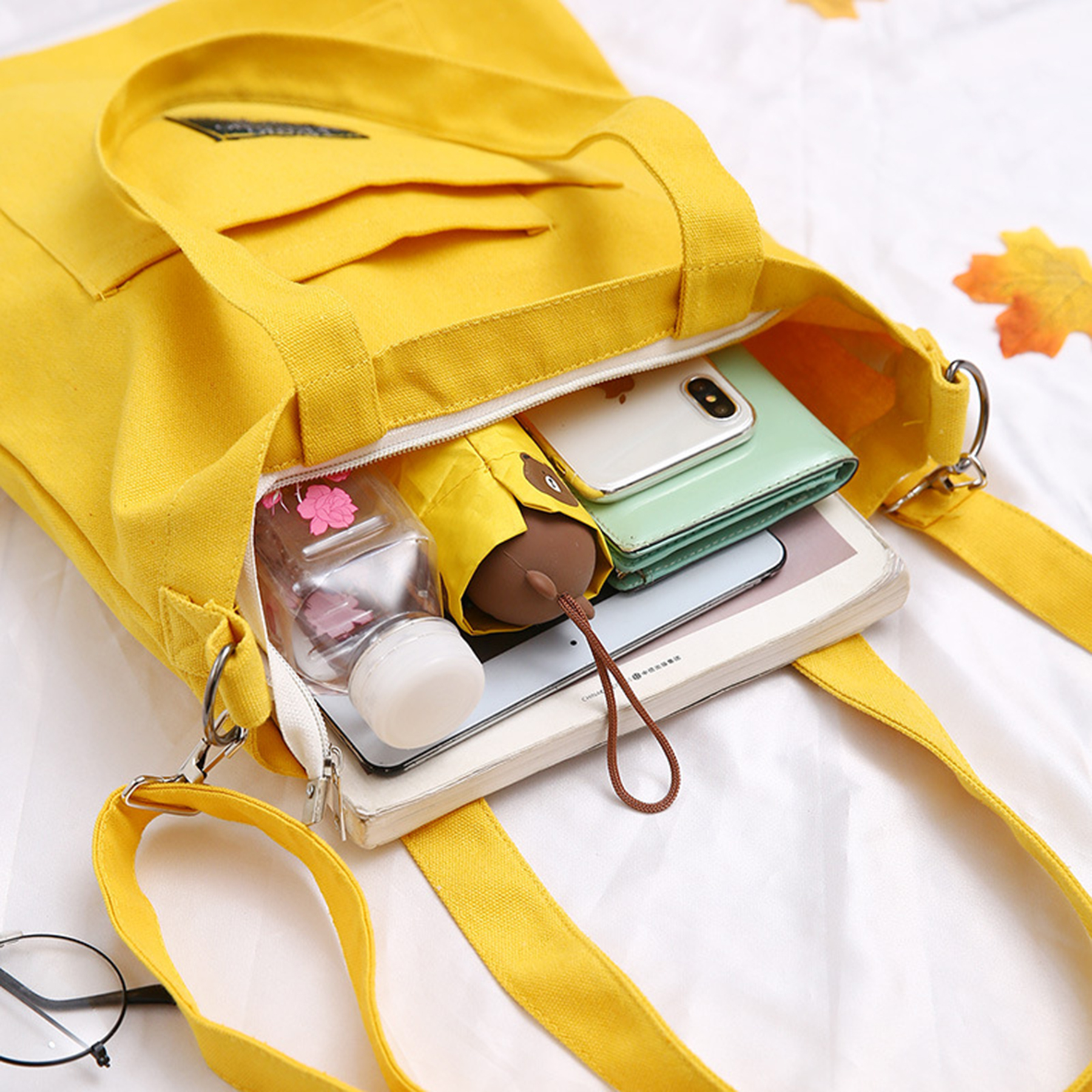 Bright Yellow Color Canvas Tote Handbag 3