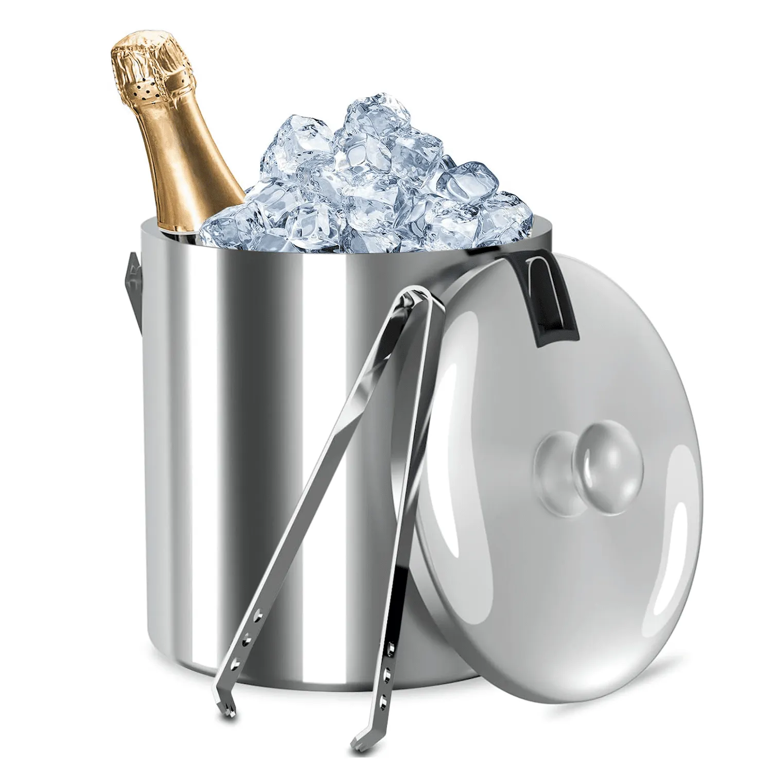 Double-Wall Stainless Insulated Ice Bucket w/Lid/Tong 1.3L 3