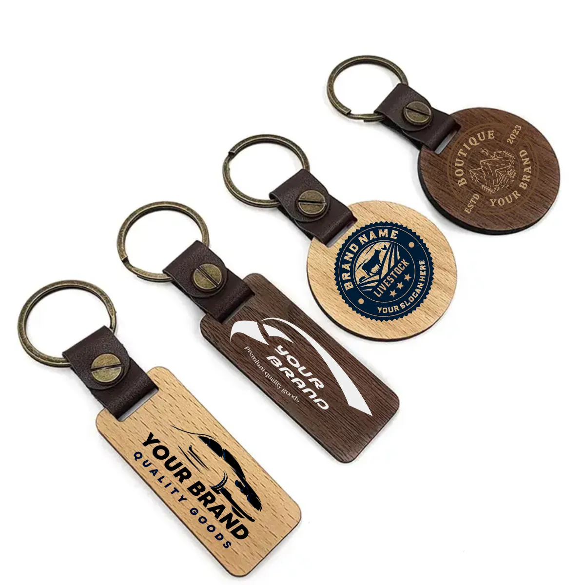 Wooden Keychain With Imitation Leather And Iron Findings 1