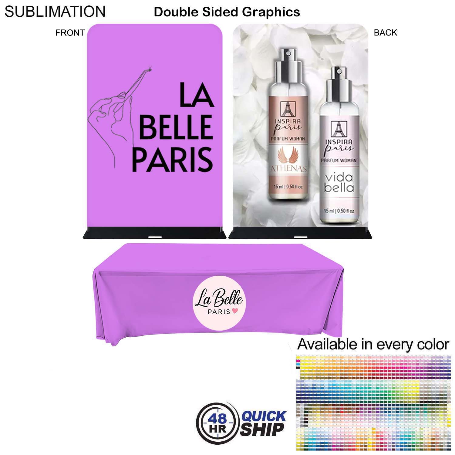 48Hr Quick Ship - Event package, 5'W Fabric banner and Premium 8' tablecloth closed back