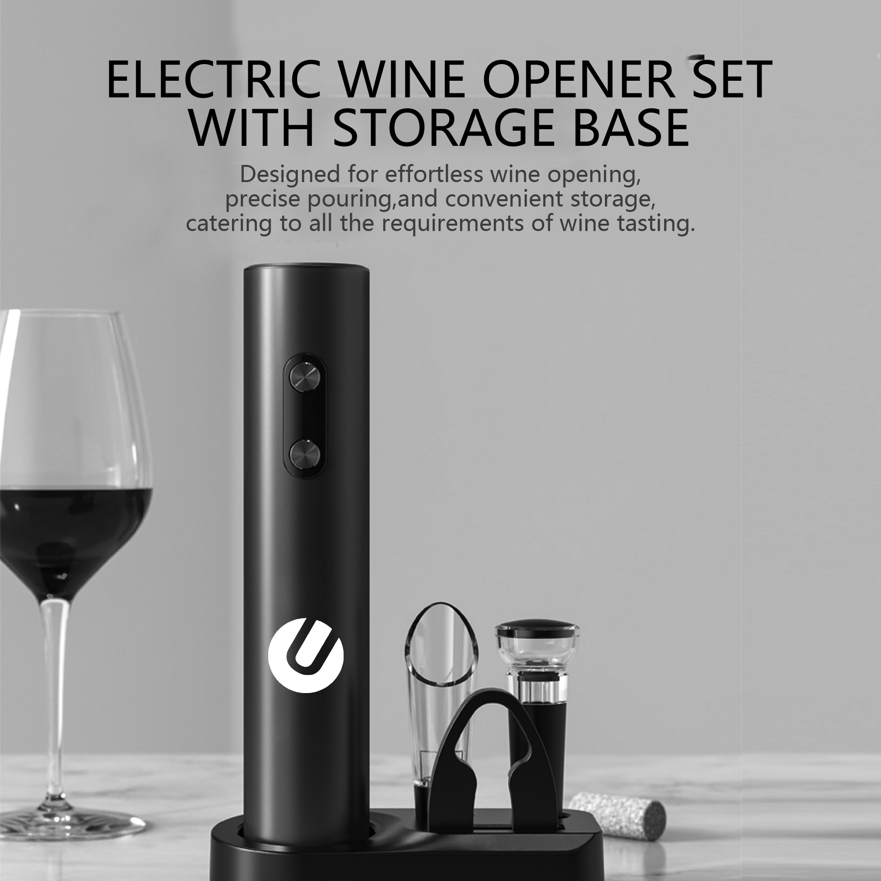 WineVault Electric Wine Opener Set with Pourer, Stopper & Storage Base 5