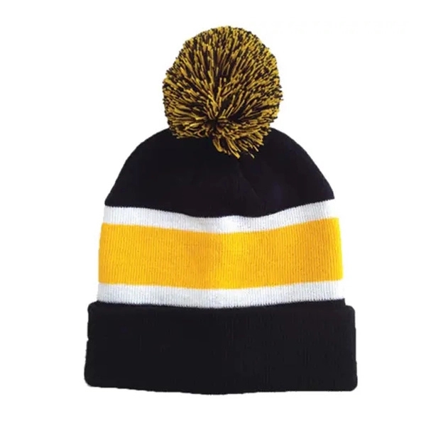 Three Tone Knit Beanie with Pom Ball 14