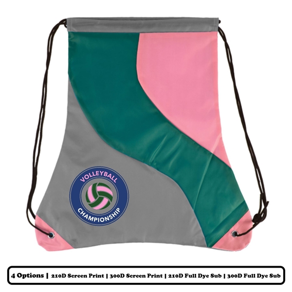 Multi-Panel Swiggly Colorblock Polyester Drawstring Bag w/ 1