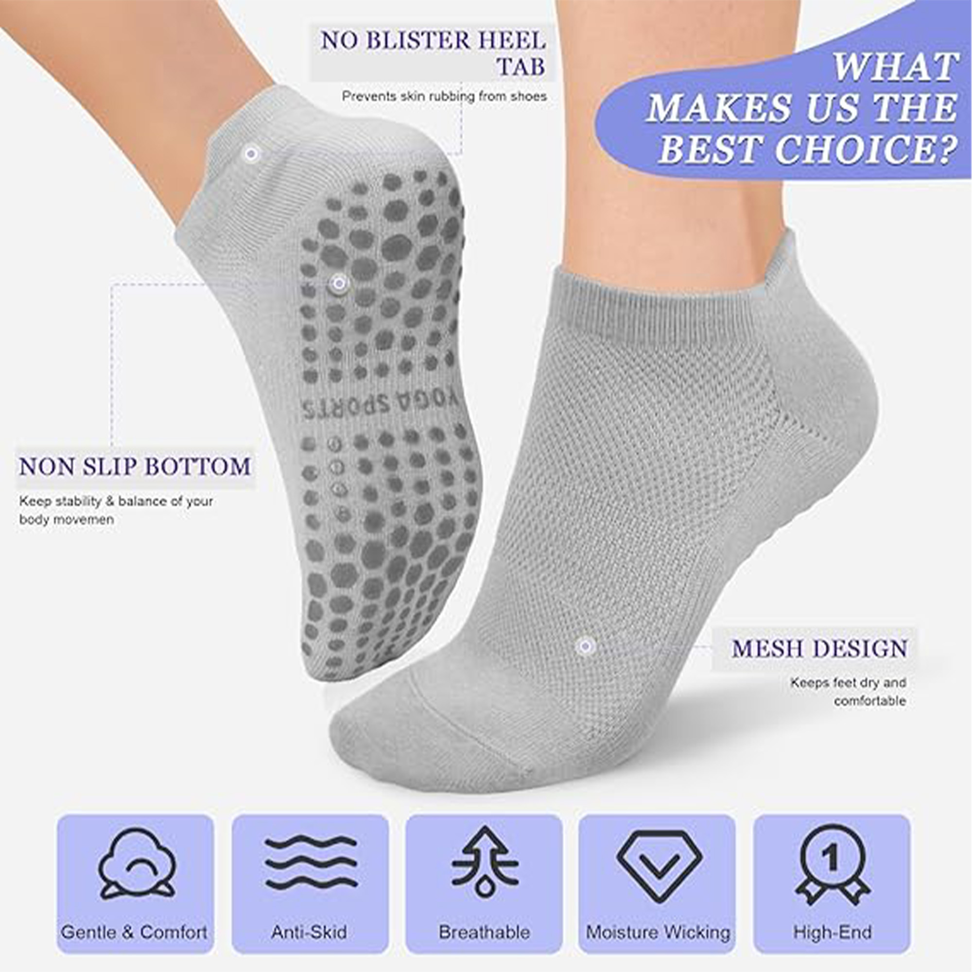 Non Slip Grip Socks for Yoga,Hospital,Sports 2