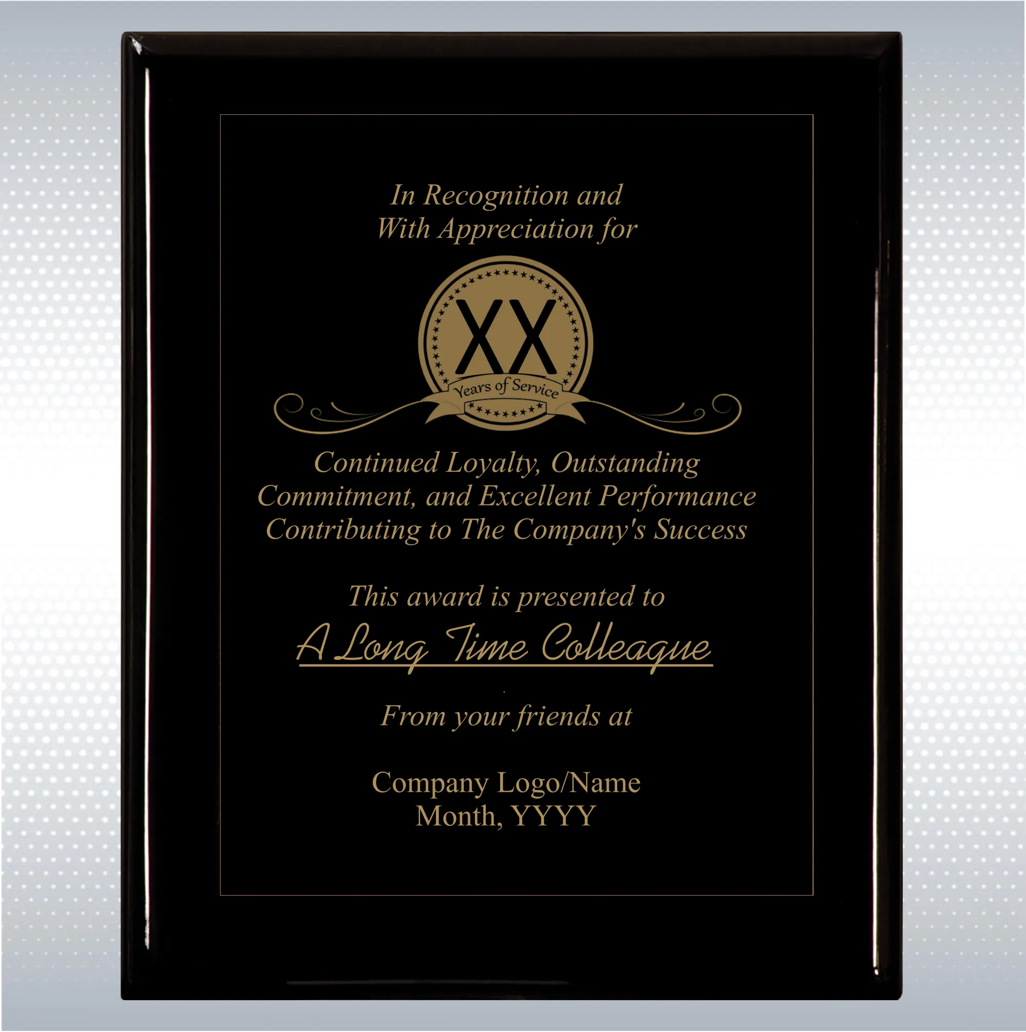 Black Piano Finish Wood Plaque Personalized Years of Service 12