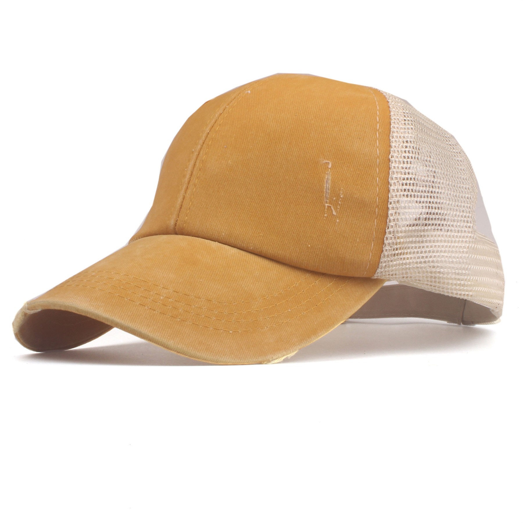 Washed Denim Criss Cross Ponytail Trucker Cap 4