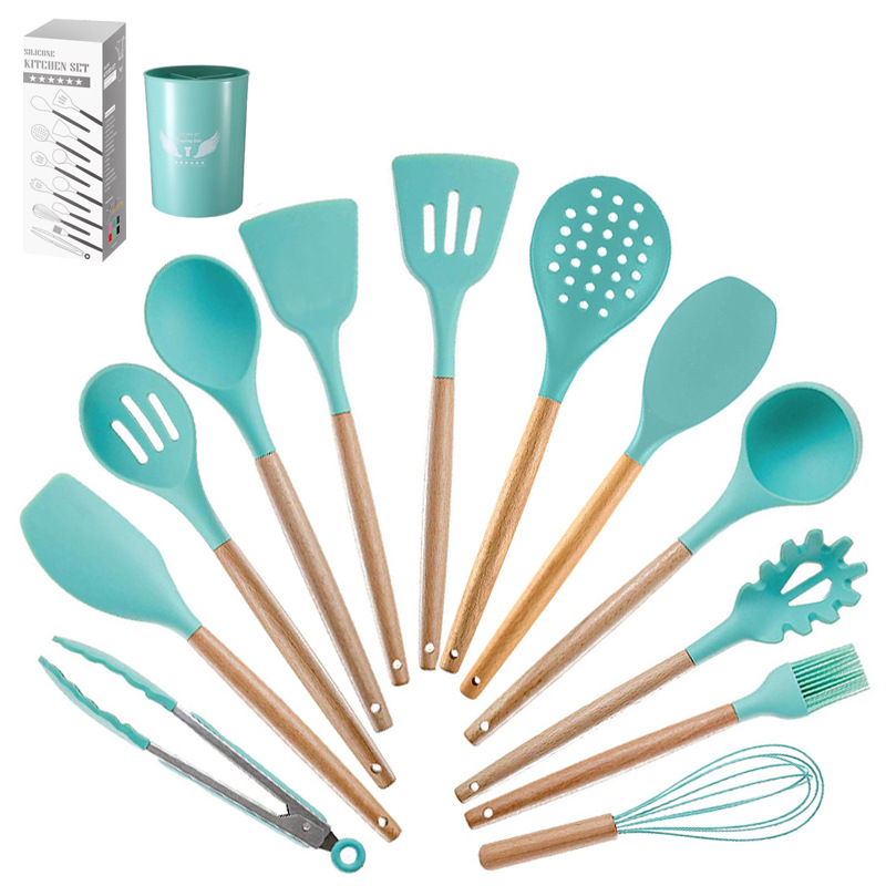 12 Pcs Non-stick Silicone Cooking Kitchen Utensils Spatula Set w/ Holder Wooden Handles 7