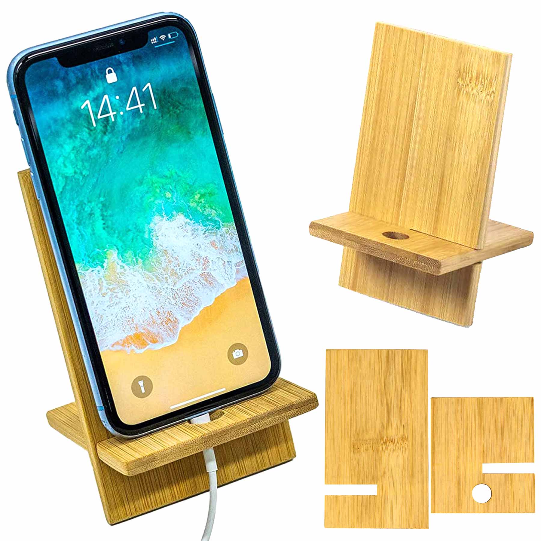 Bamboo Cell Phone Stand Holder with Chargeable Hole 1