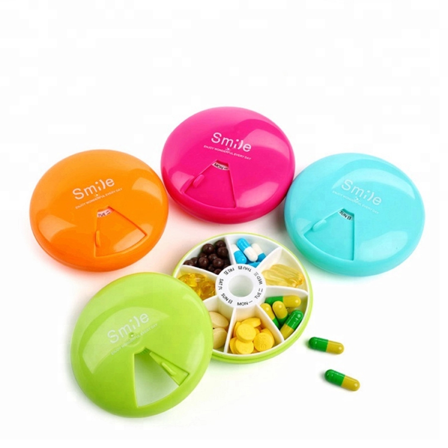 Round Shaped 7 Compartments Rotate Pill Box 8