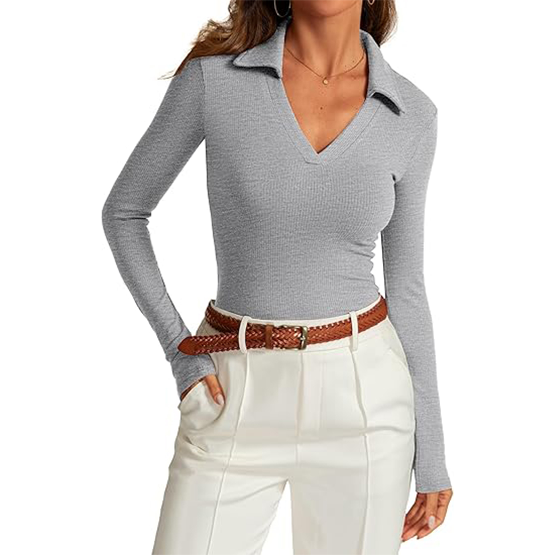 Women Long Sleeve V Neck Polo Shirt 15