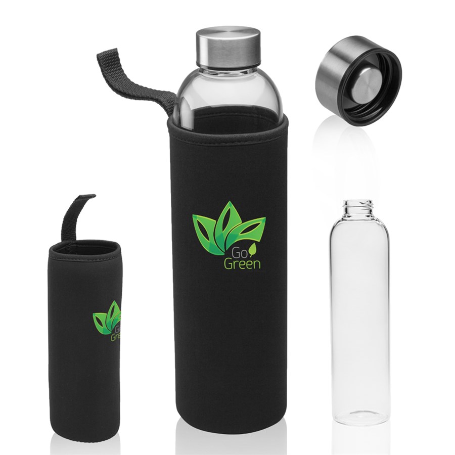 Glass Water Bottle with Metal Cap - Neoprene Carrying Pouch, 4