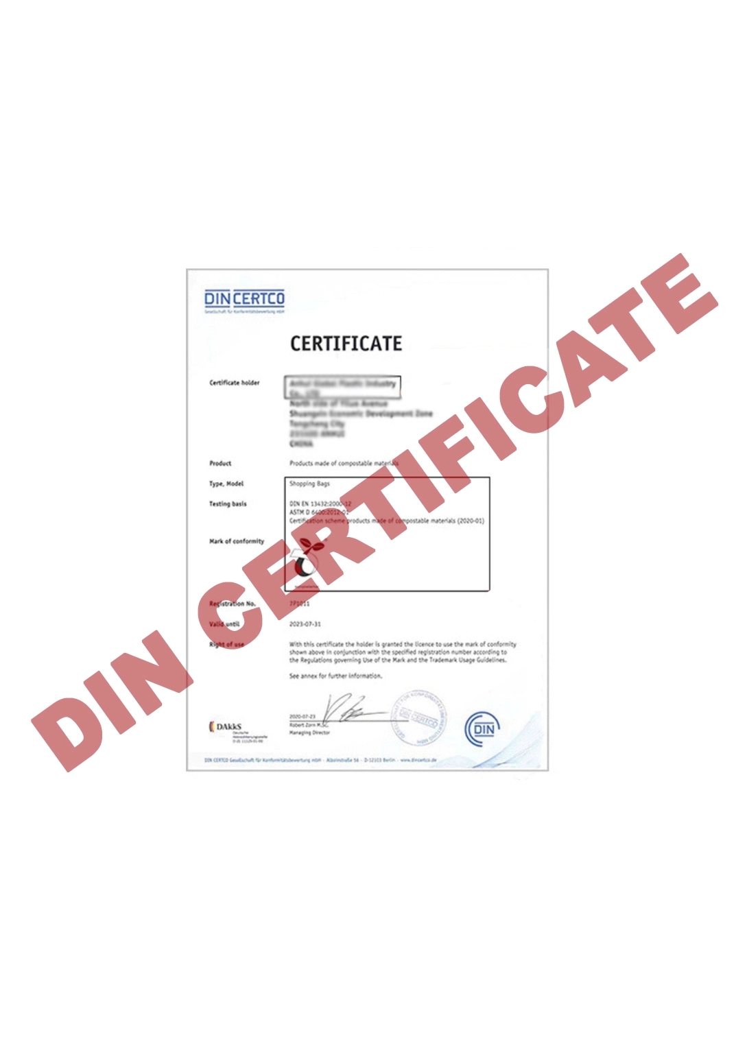 DIN Certificate 100% Biodegradable Compostable Shopper Bag 1