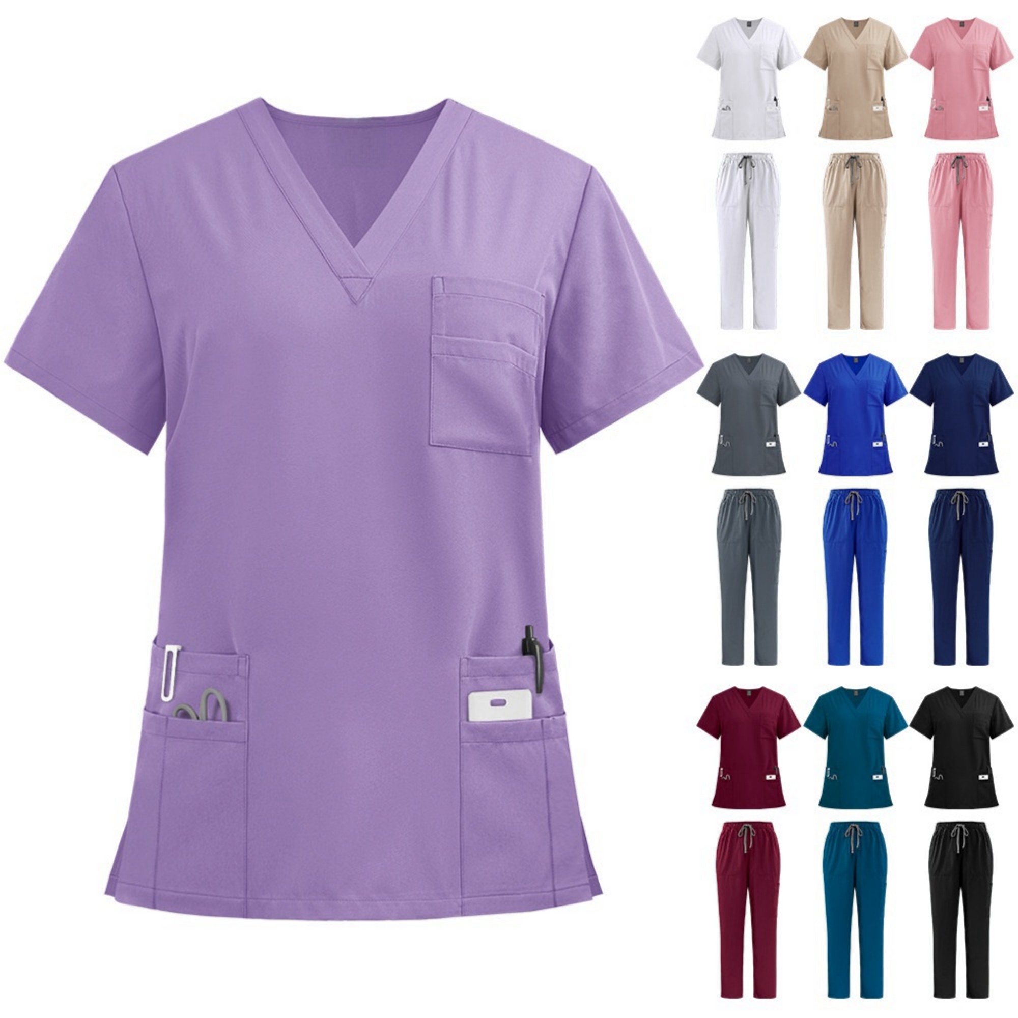 Multiple Pockets V-Neck Top And Drawstring Scrub Pant 6