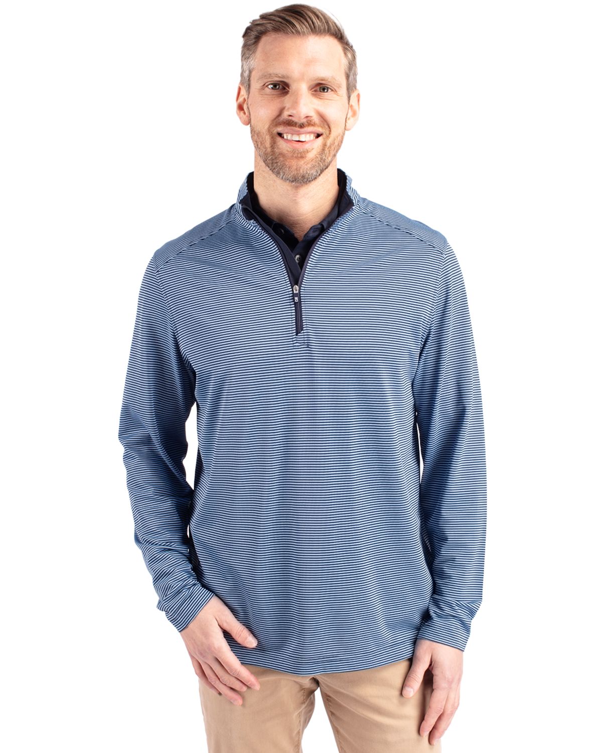 Virtue Eco Pique Micro Stripe Recycled Mens Quarter Zip