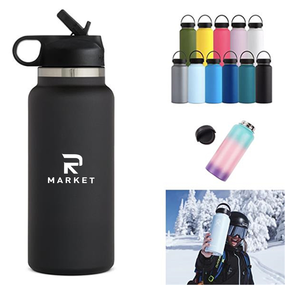 Flask Wide Mouth vacuum insulated stainless steel water bottle with leakproof closeable lid, custom water bottle with logo imprint 1
