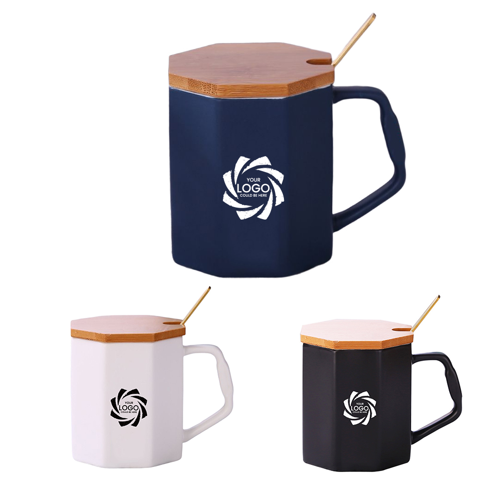 Ceramic mug with wooden lip and metal spoon 2