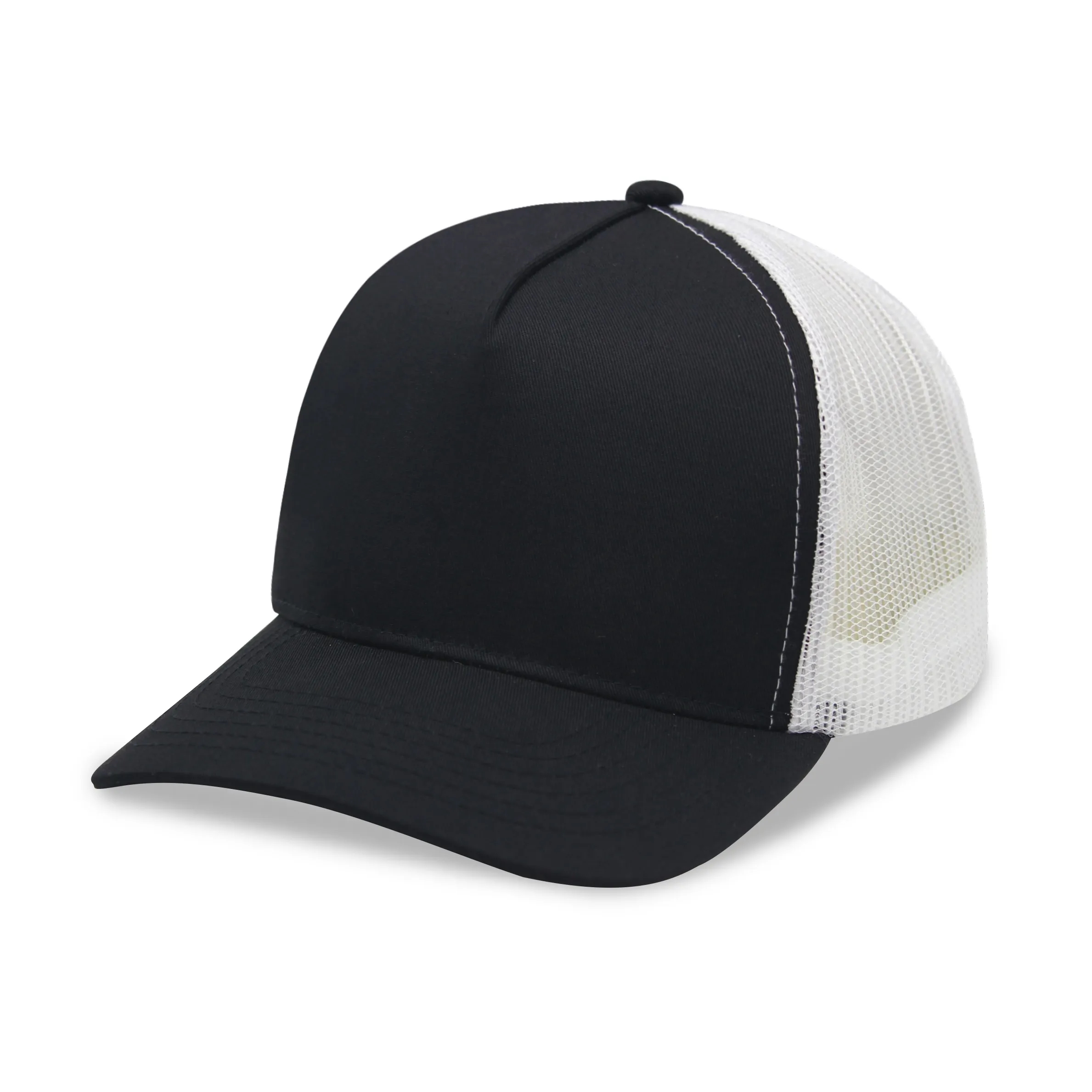 A frame 5 Panel High Profile Curved Visor Trucker Cap