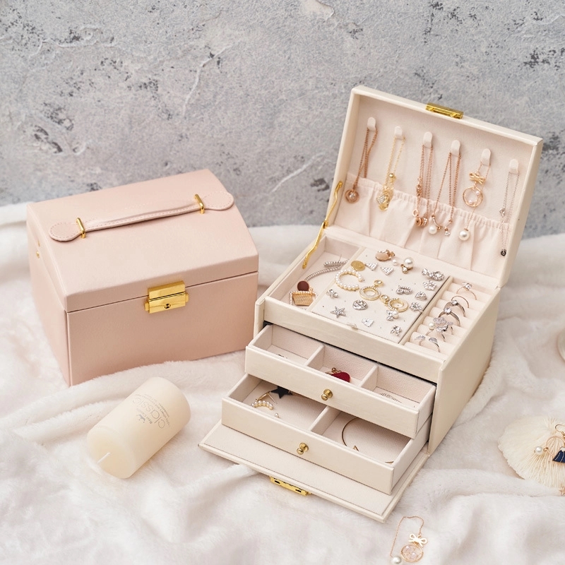 Custom 3-Layer PU Jewelry Organizer Box with Drawer & Handle 19