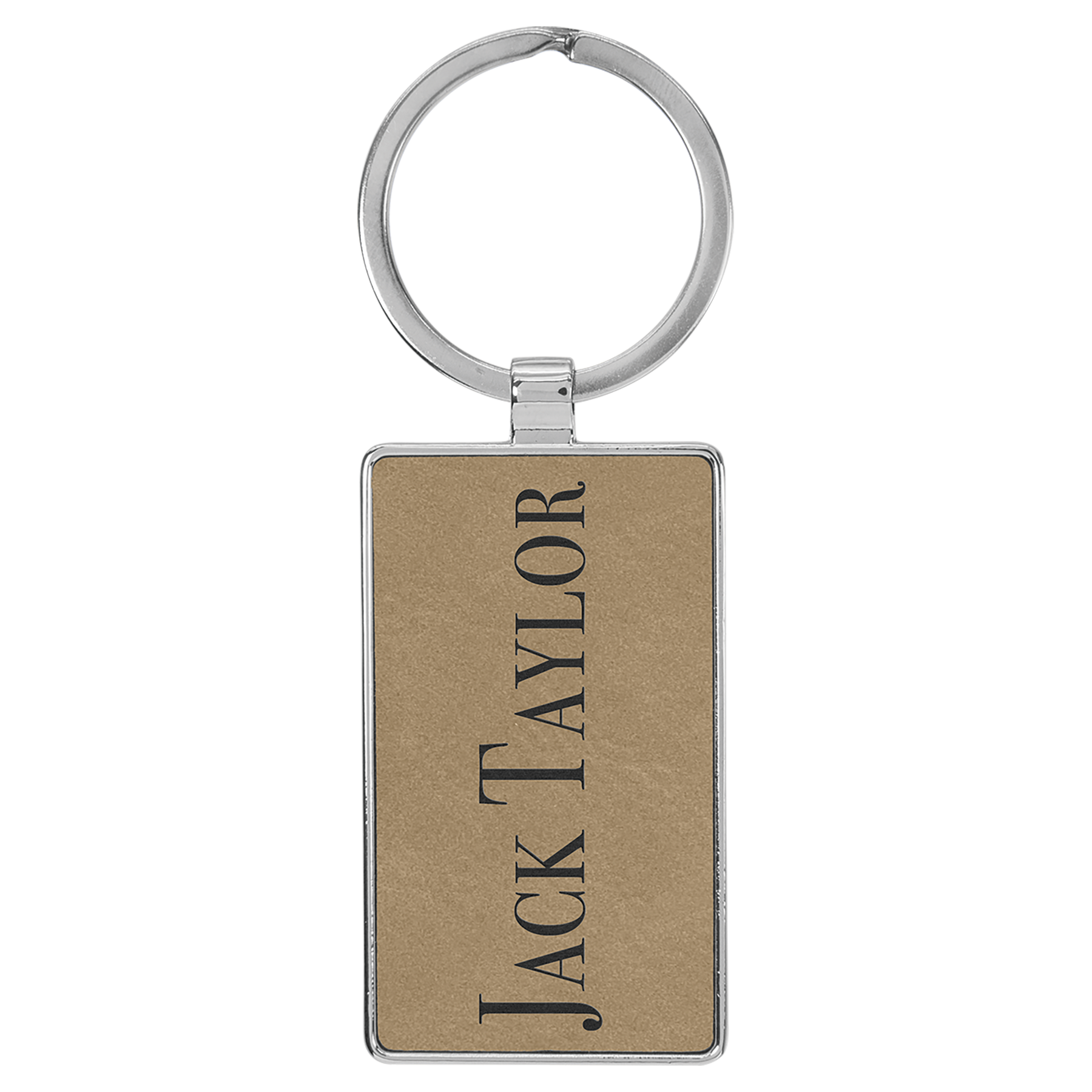2 3/4" x 1 1/4" Leatherette/Metal Light Brown Rectangle Keychain 2