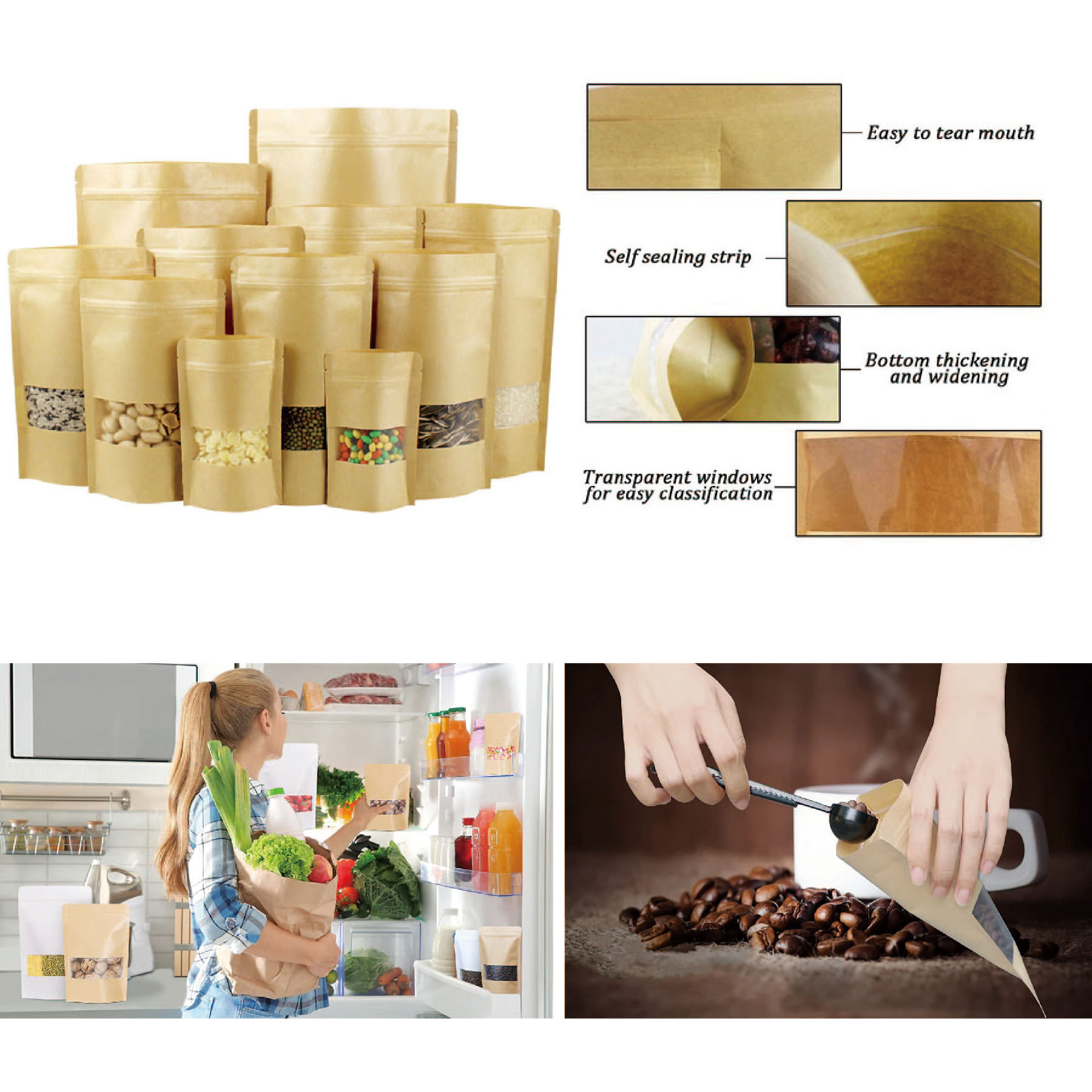 Kraft Resealable Zip Lock Stand Up Food Bag With Matte Window 3