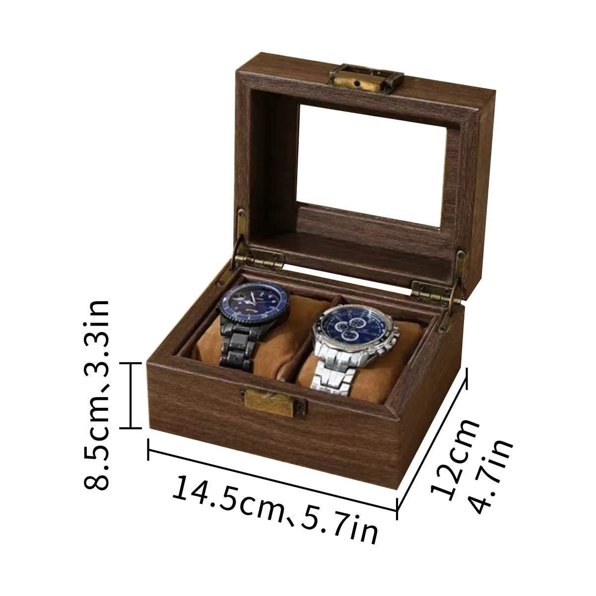 Vintage Wood Grain PU Two Slot Watch Box With Window Watch Box PU Leather Lockable Watch Storage Box 6