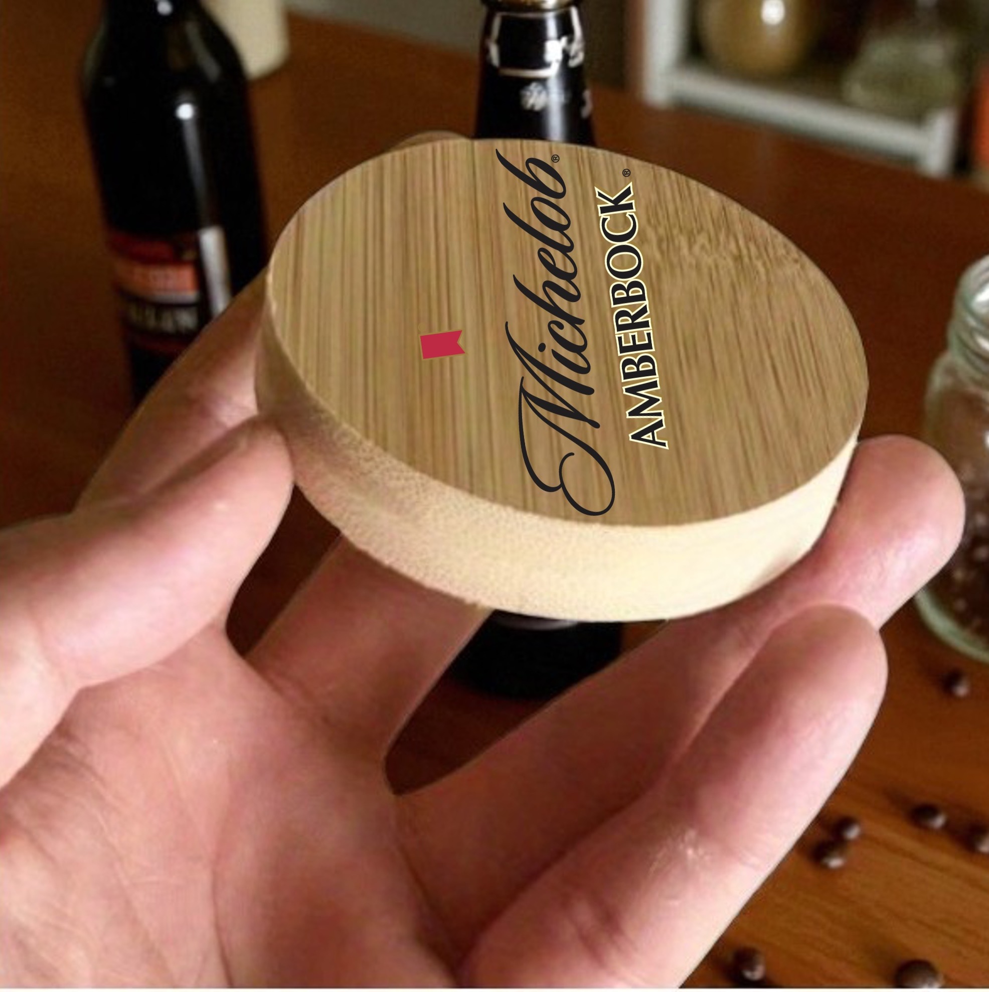 2.5" Round BAMBOO Bottle Opener Magnet 33