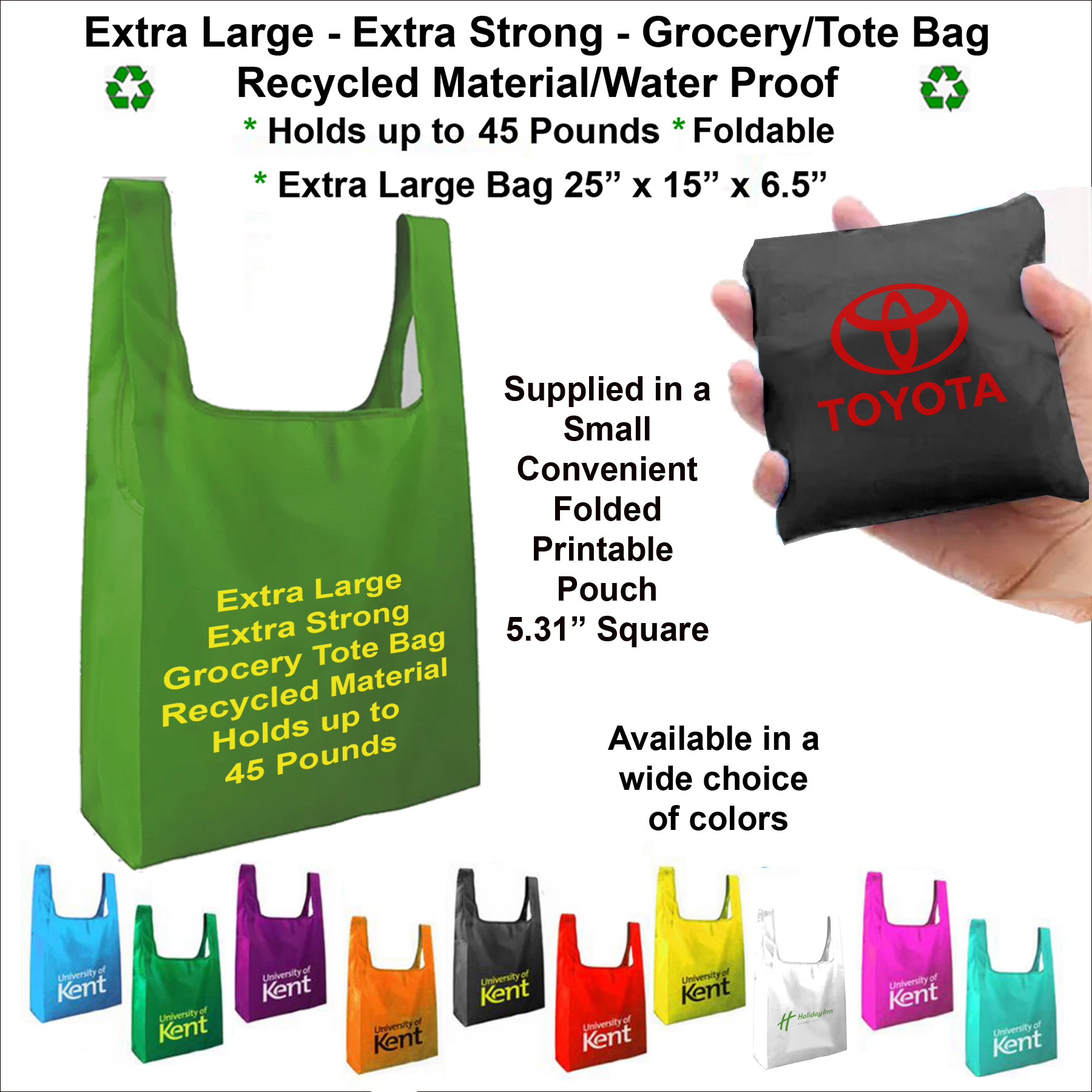 Extra Large, Extra Strong Grocery/Tote Bag - Holds up to 45 Pounds, Recycled Material - Water Proof