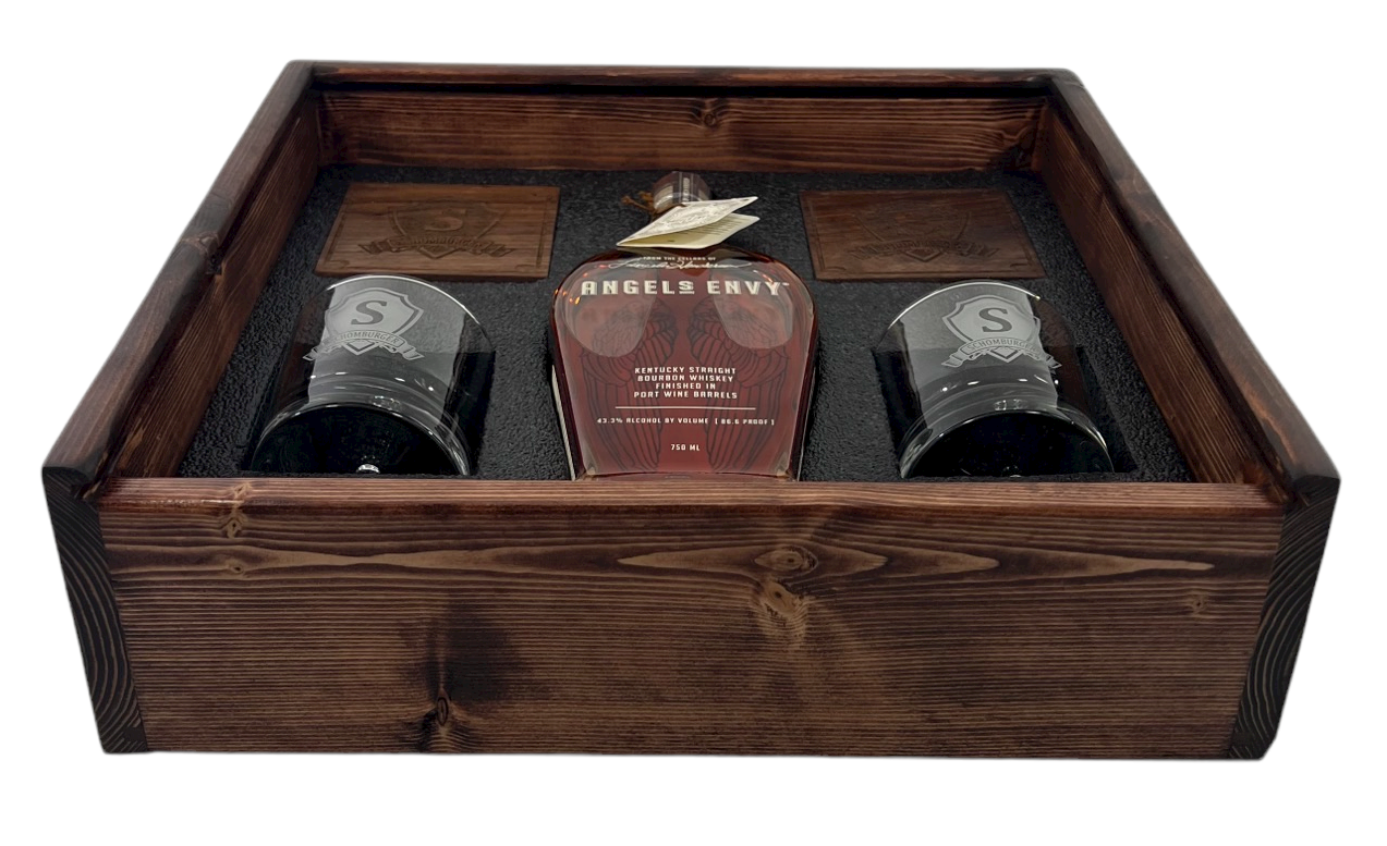 Wood Gift Box w/ Custom Lid. Etched Glass & Coaster Set (2) 5