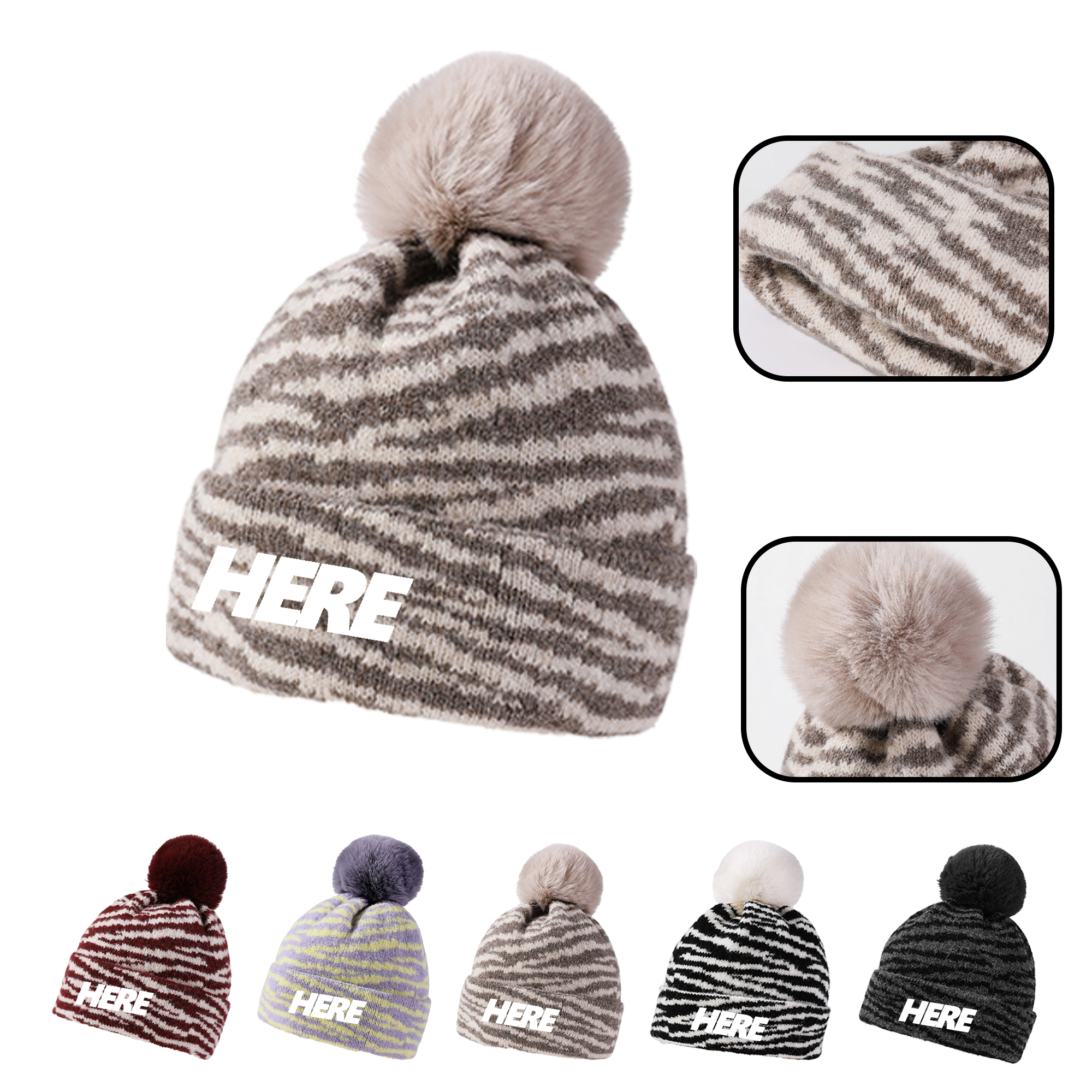 MOQ 20 PCS Pom Striped Knit Beanie 1