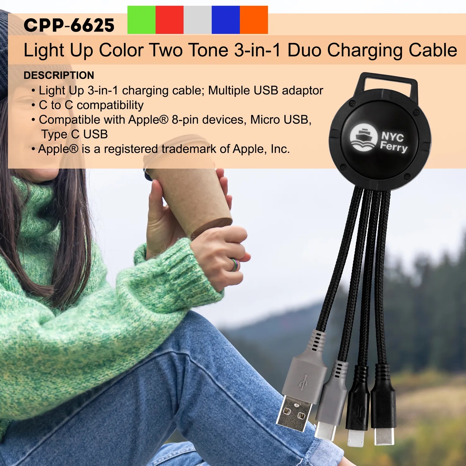 Light Up Color Two Tone Dual Input 3-in-1 Charging Cable 8