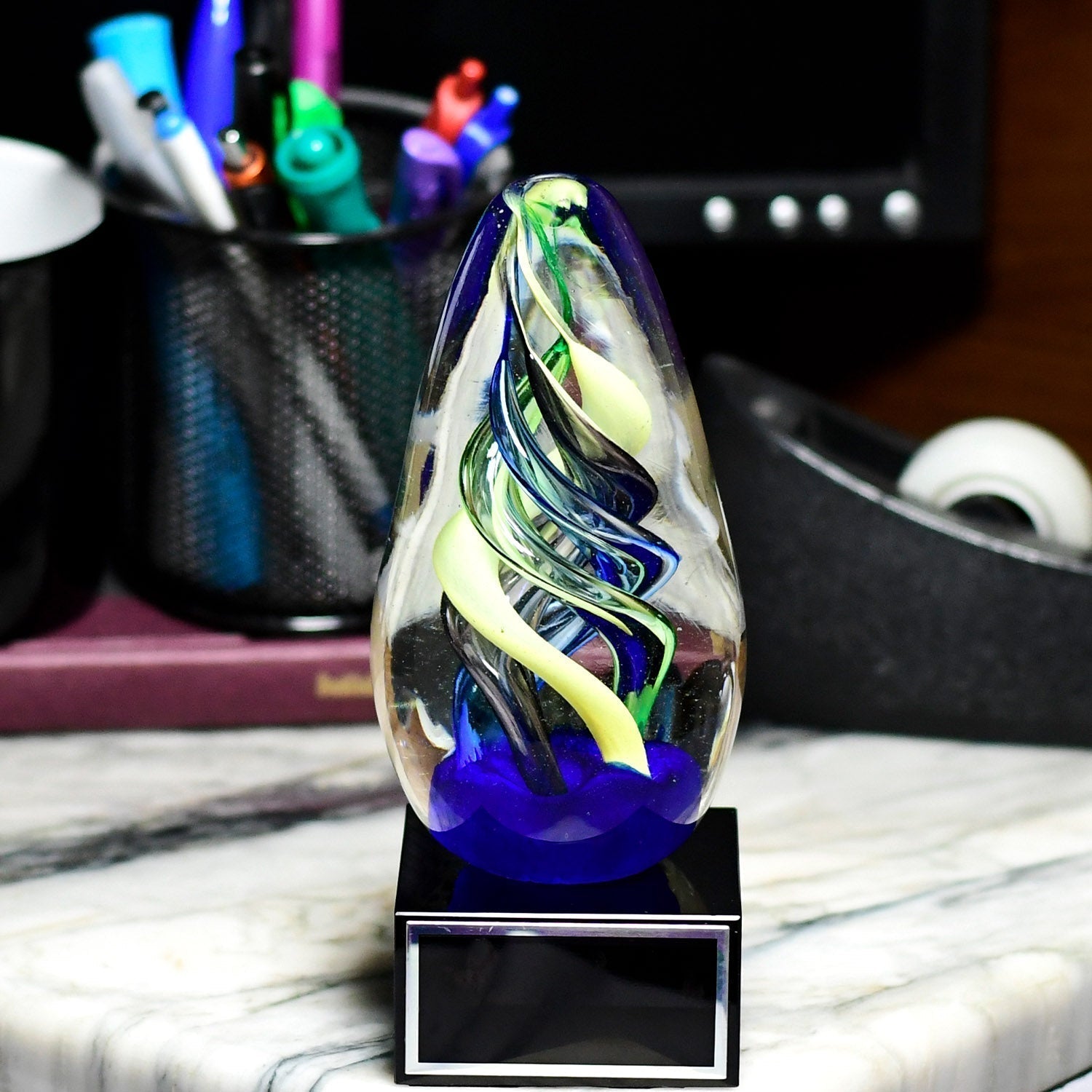 Art Glass Egg On Black Glass Base 2