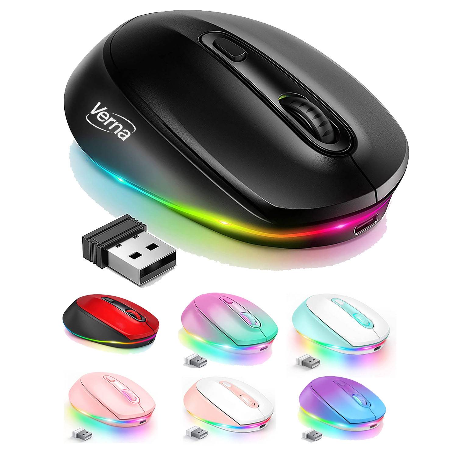 Rechargeable Colorful LED Lights Wireless Silent Mouse 11