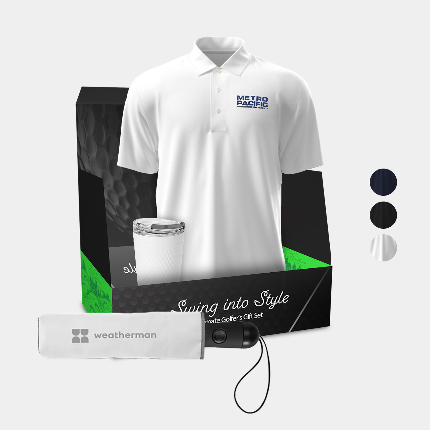 20 oz SWIG® Golf Flip & Sip SS Water Bottle, PGA TOUR® Men's Golf Polo & Weatherman® Umbrella Gift Set 1