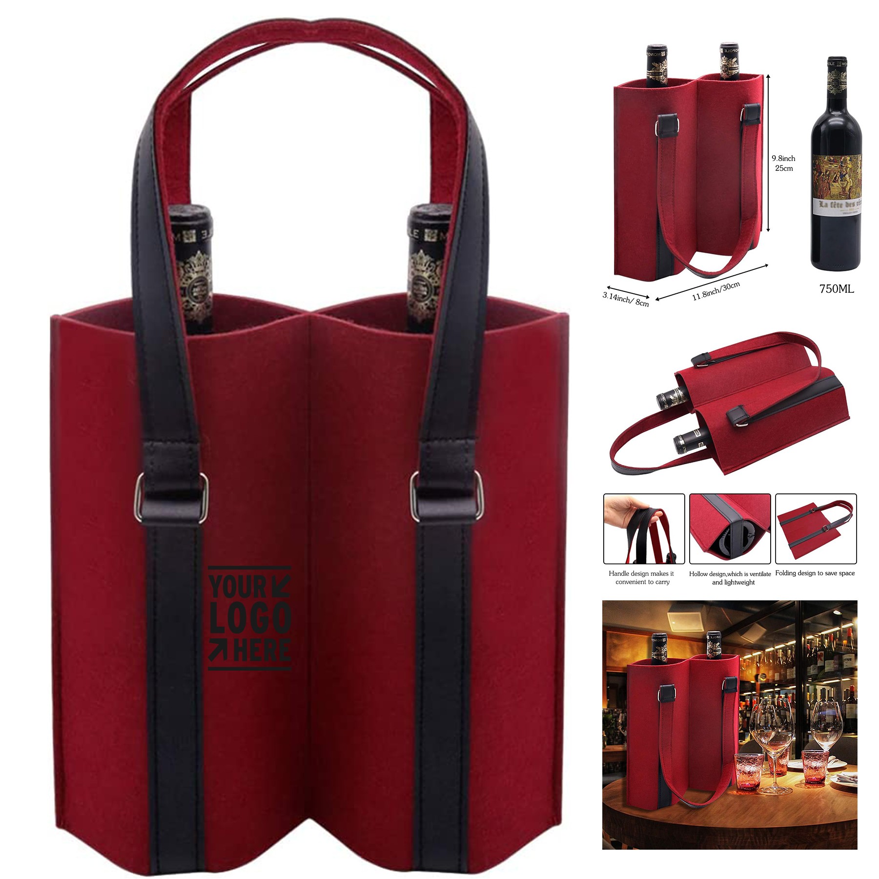 11.8 x 3.14 x 9.8 inch Felt Wine Carrier Tote Bag with Handle 1