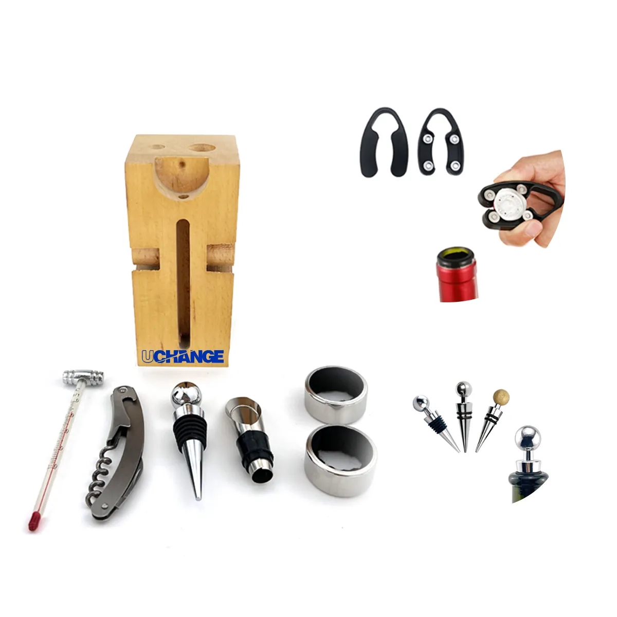 Bamboo Wine Tool Set With Corkscrew Stopper Pourer 4