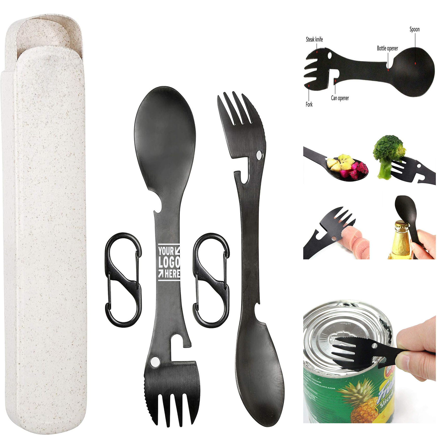Travel Hiking Eco Friendly Stainless Steel 2 Spork Set With Carry Clip, Storage Case