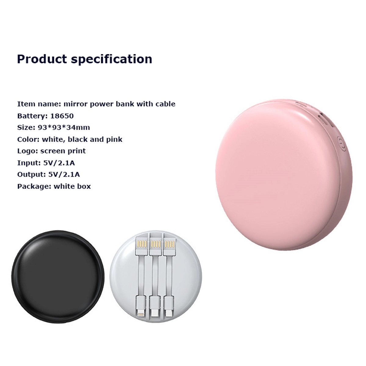 Portable Charger Mirror Power Bank 5000mah with Cables 9