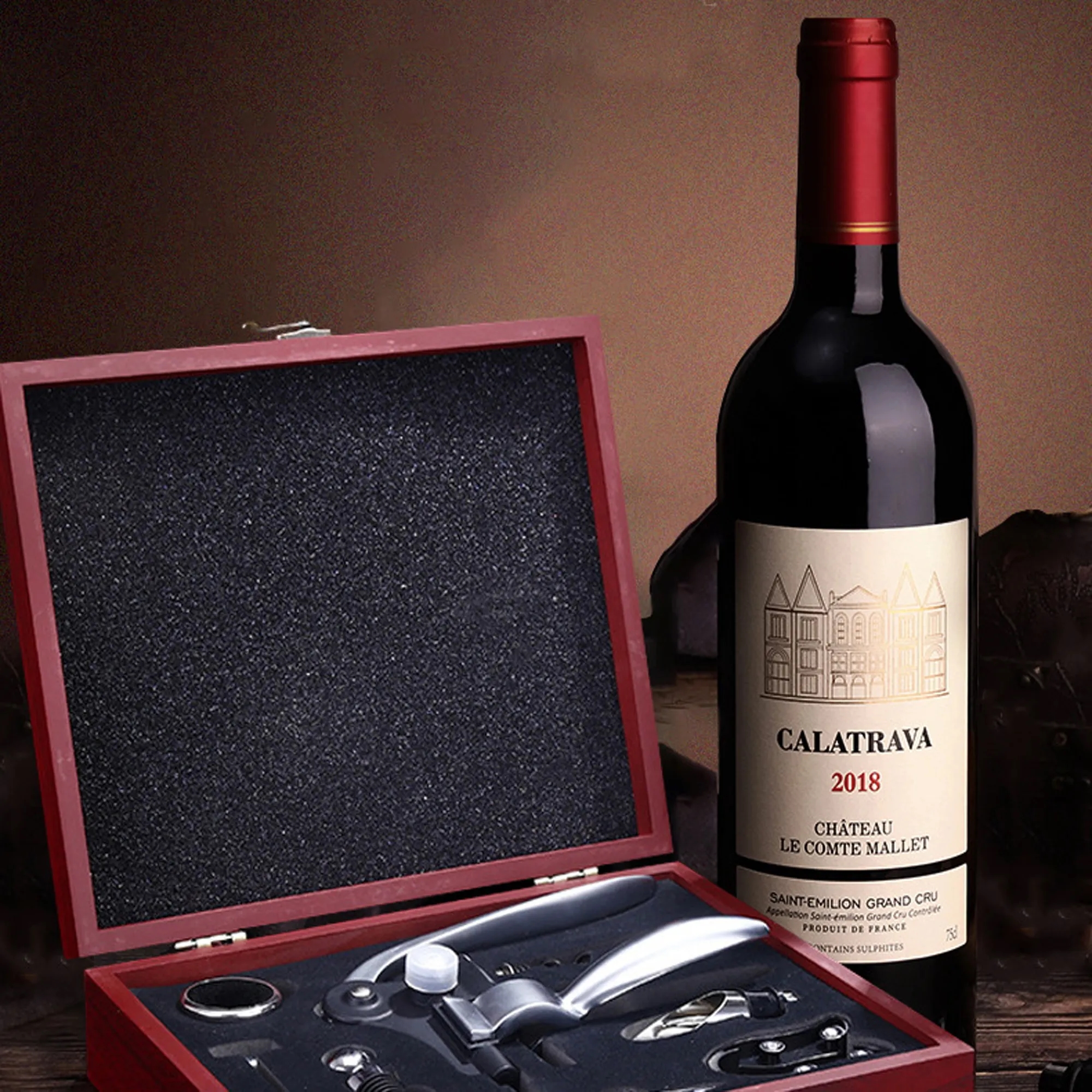 Rosewood Finish 5-Piece Wine Gift Set 3