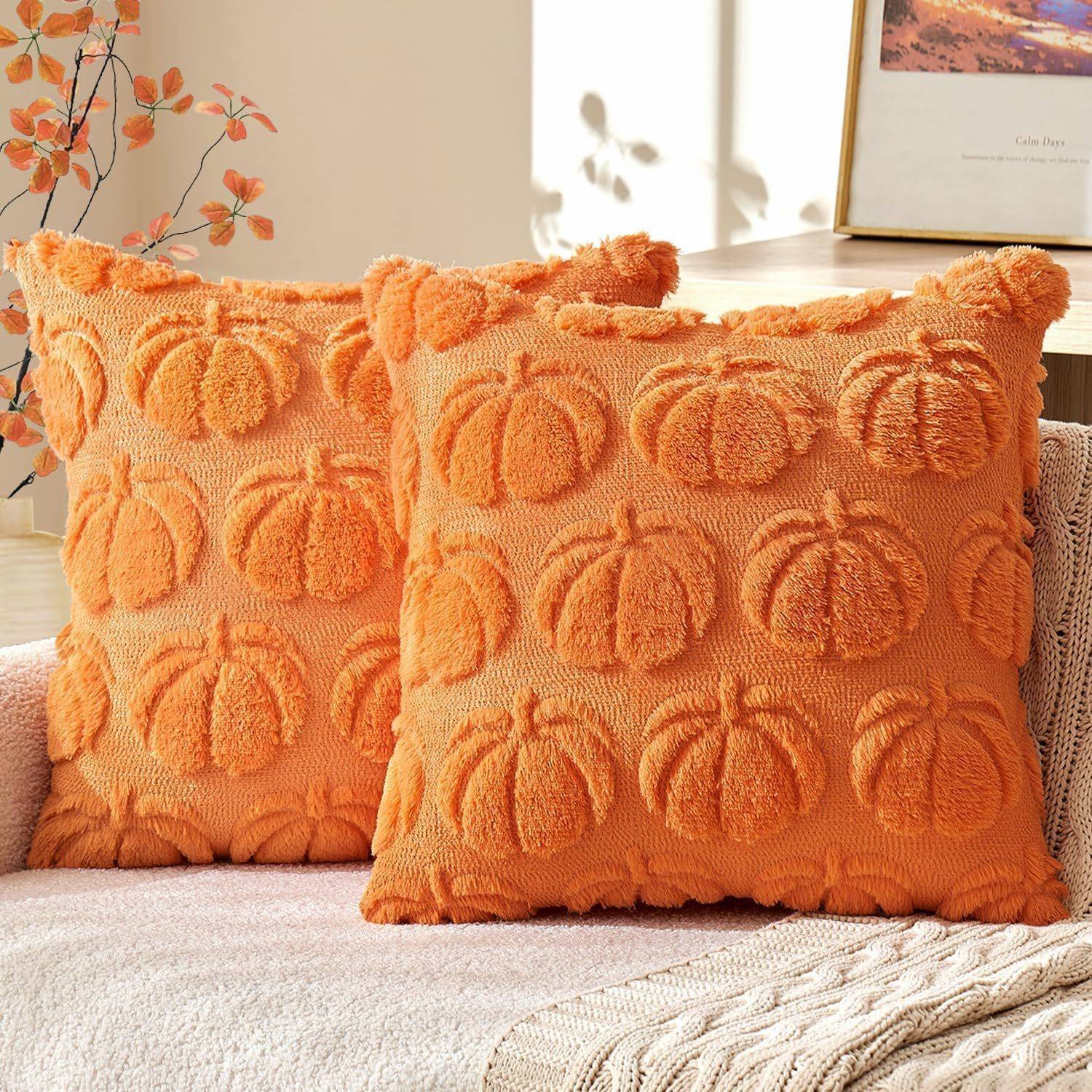 Throw Pillow Covers Pumpkin Fall Decorative Soft Fur 2
