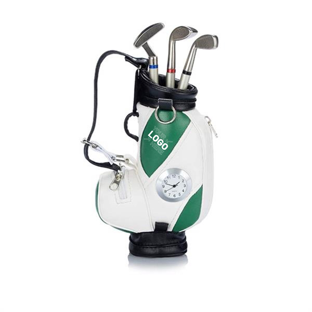 Mini Desktop Golf Bag Pen Holder With Clock 2