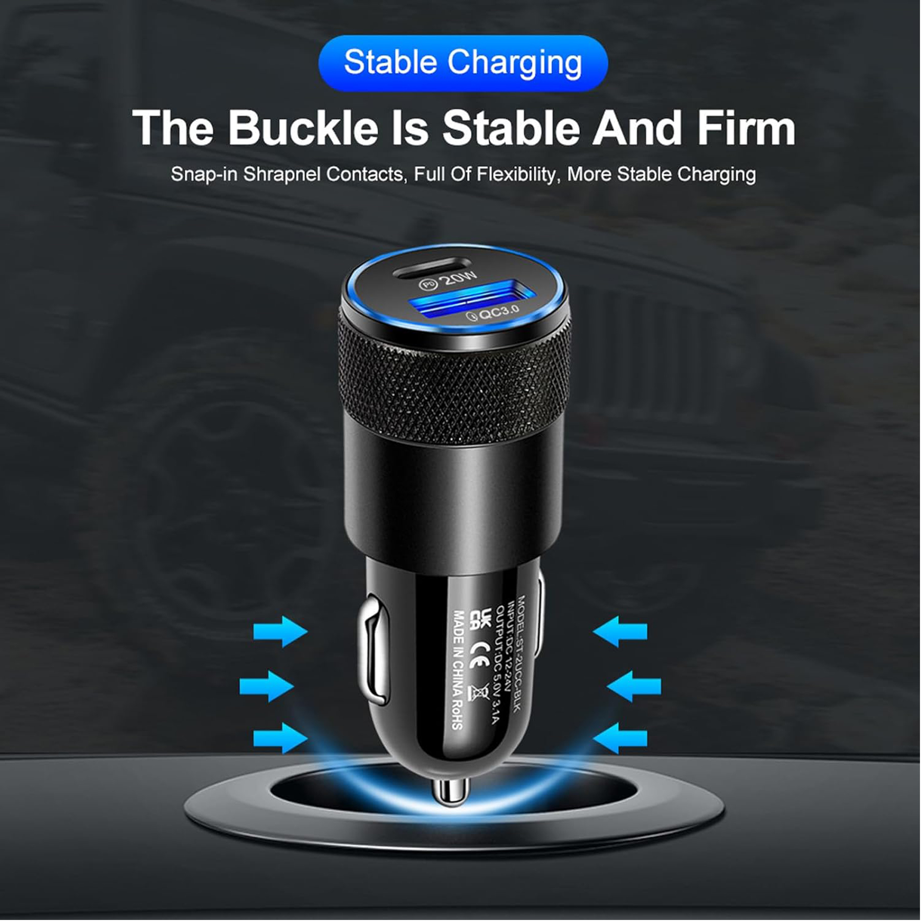 38W USB-C Car Charger with Power Delivery and Quick Charge 3.0 4