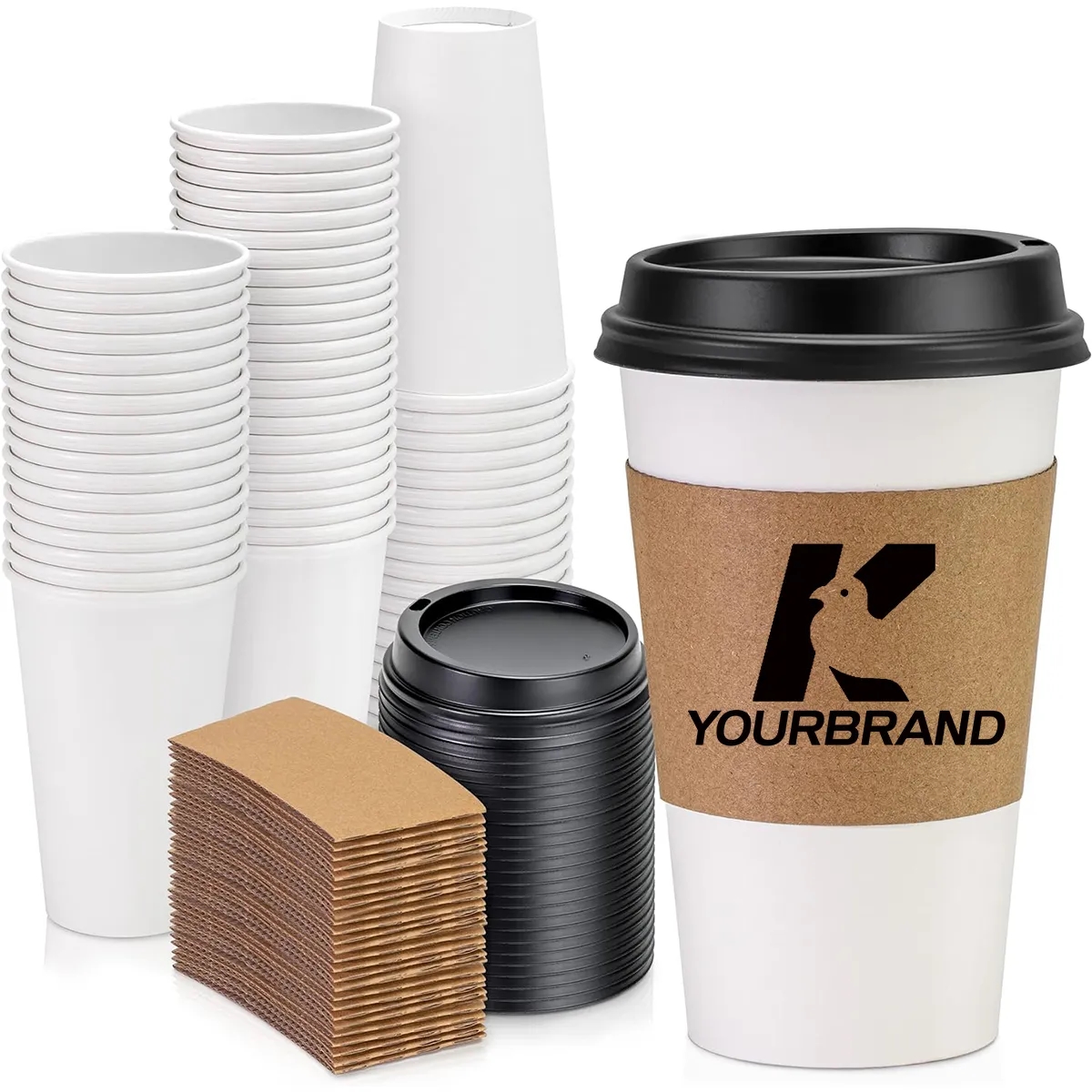 16OZ Black Dome Lid, Kraft Sleeve,White Paper Coffee Cup 4