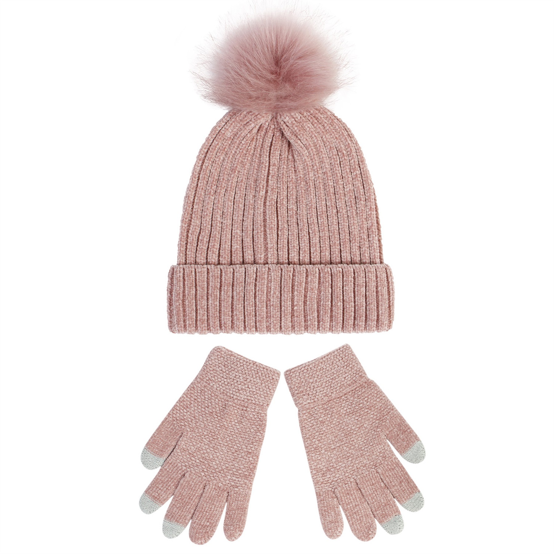2PCS Chenille Pom Pom Beanie Gloves Set 7