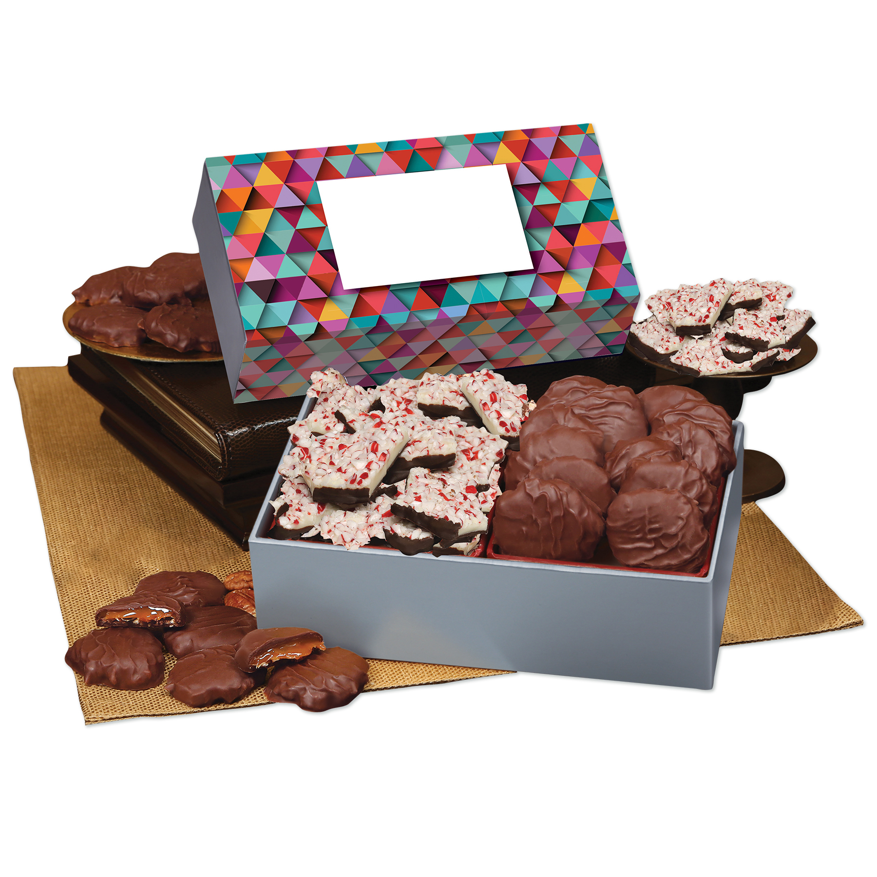 Peppermint Bark & Pecan Clusters in Gift Box with Triangles Sleeve 2
