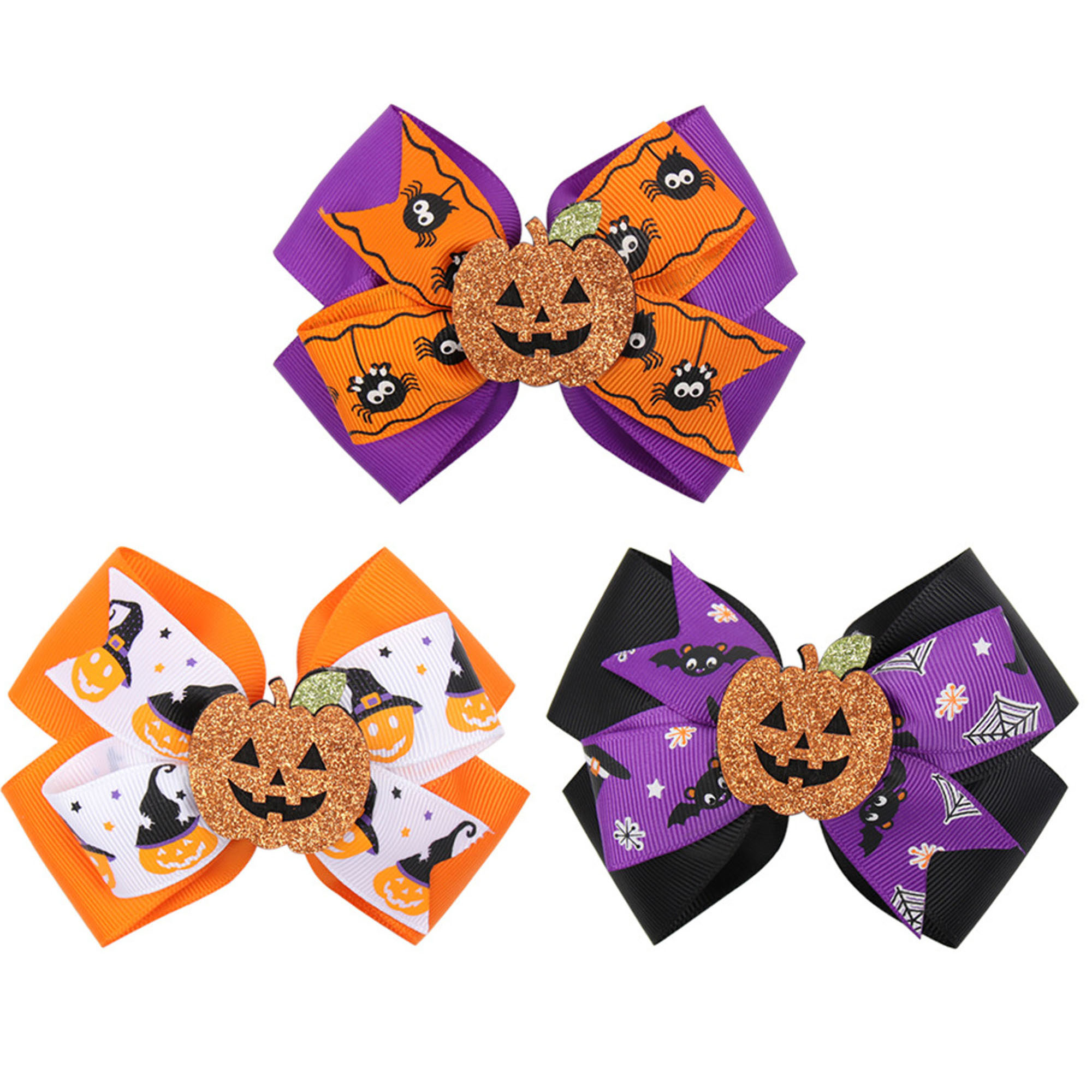 Halloween-Themed Hair Bows with Spider and Pumpkin Clips 3