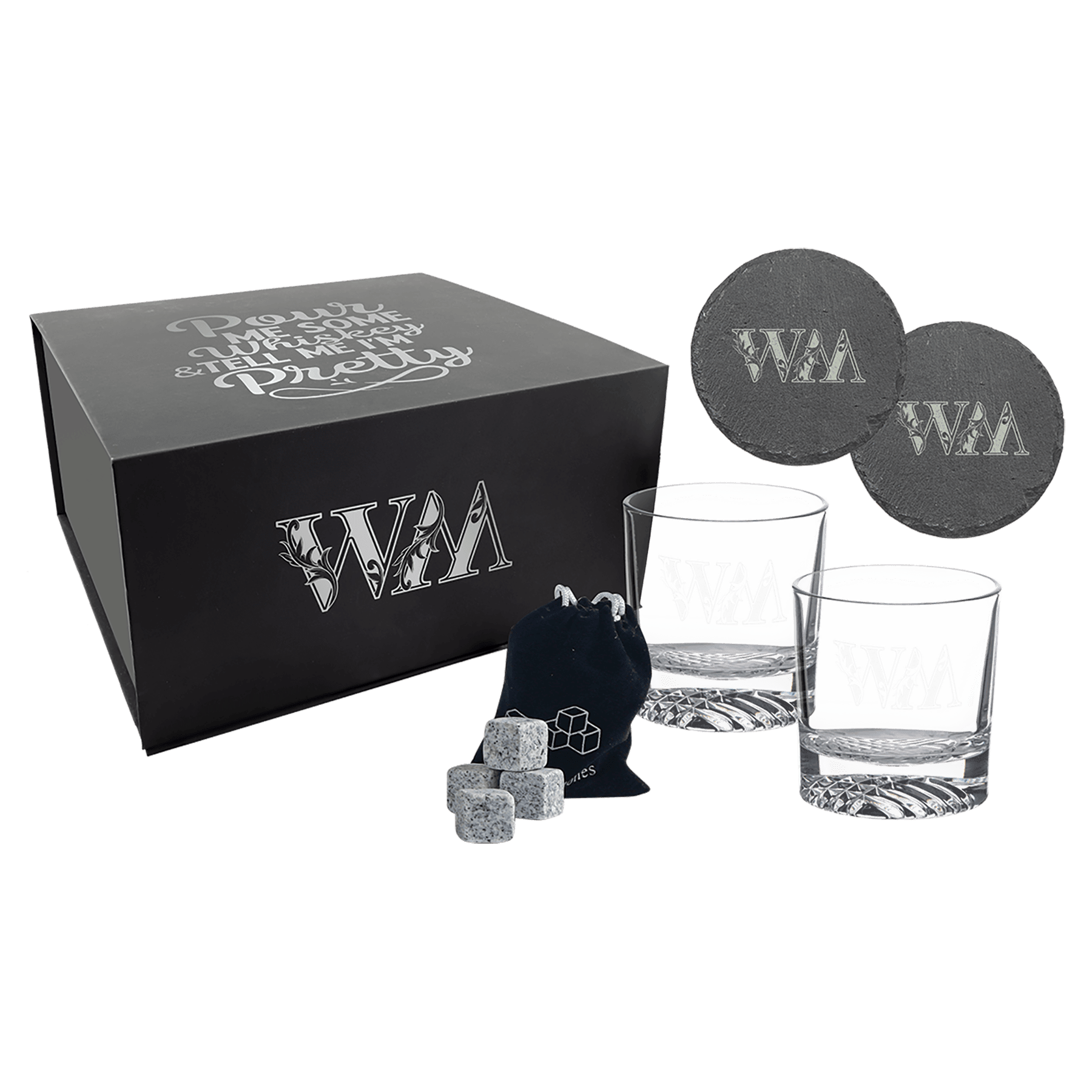 Whiskey Set with Two 9 oz. Glasses, Two 4" Slate Coasters, and 8 Granite Whiskey Stones with a Bag 3