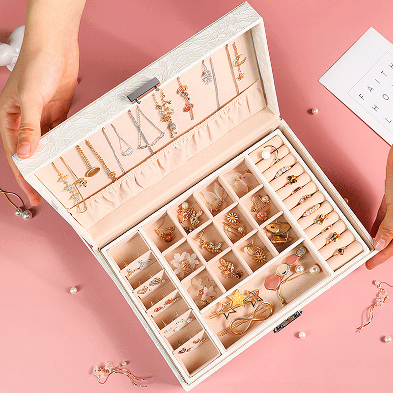 2-Layer PU Jewelry Organizer Box with Lock & Mirror / Hook 6