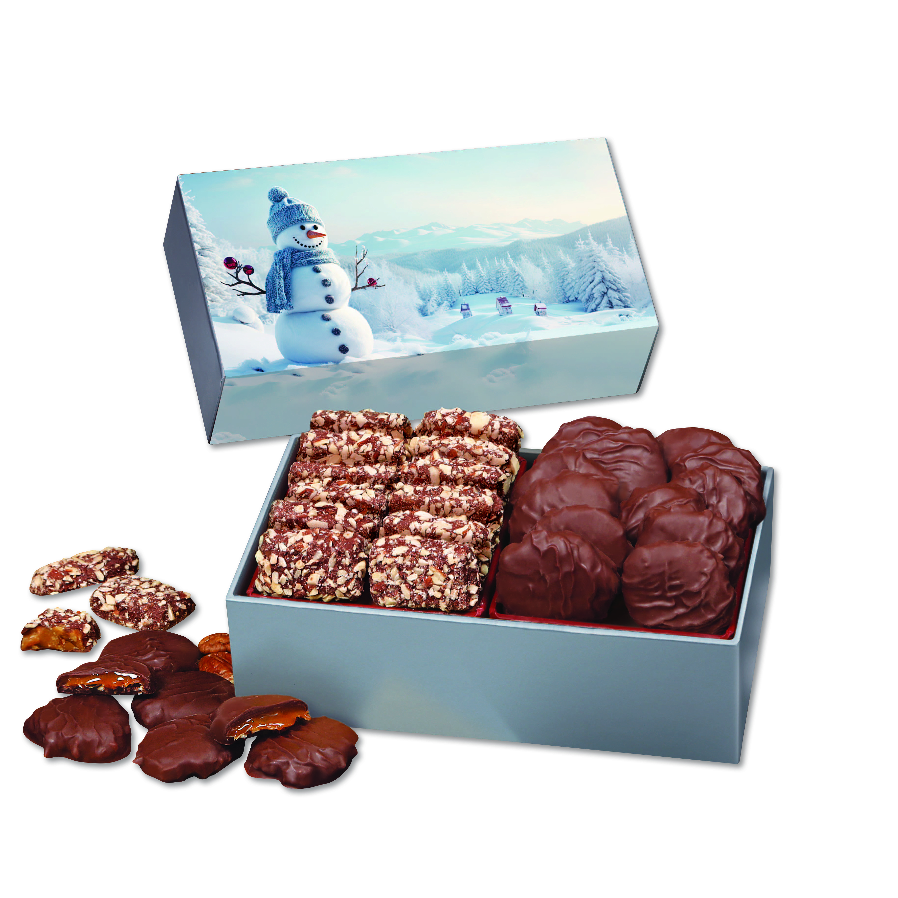 Toffee & Pecan Clusters in Gift Box with Blue Snowman Sleeve 1